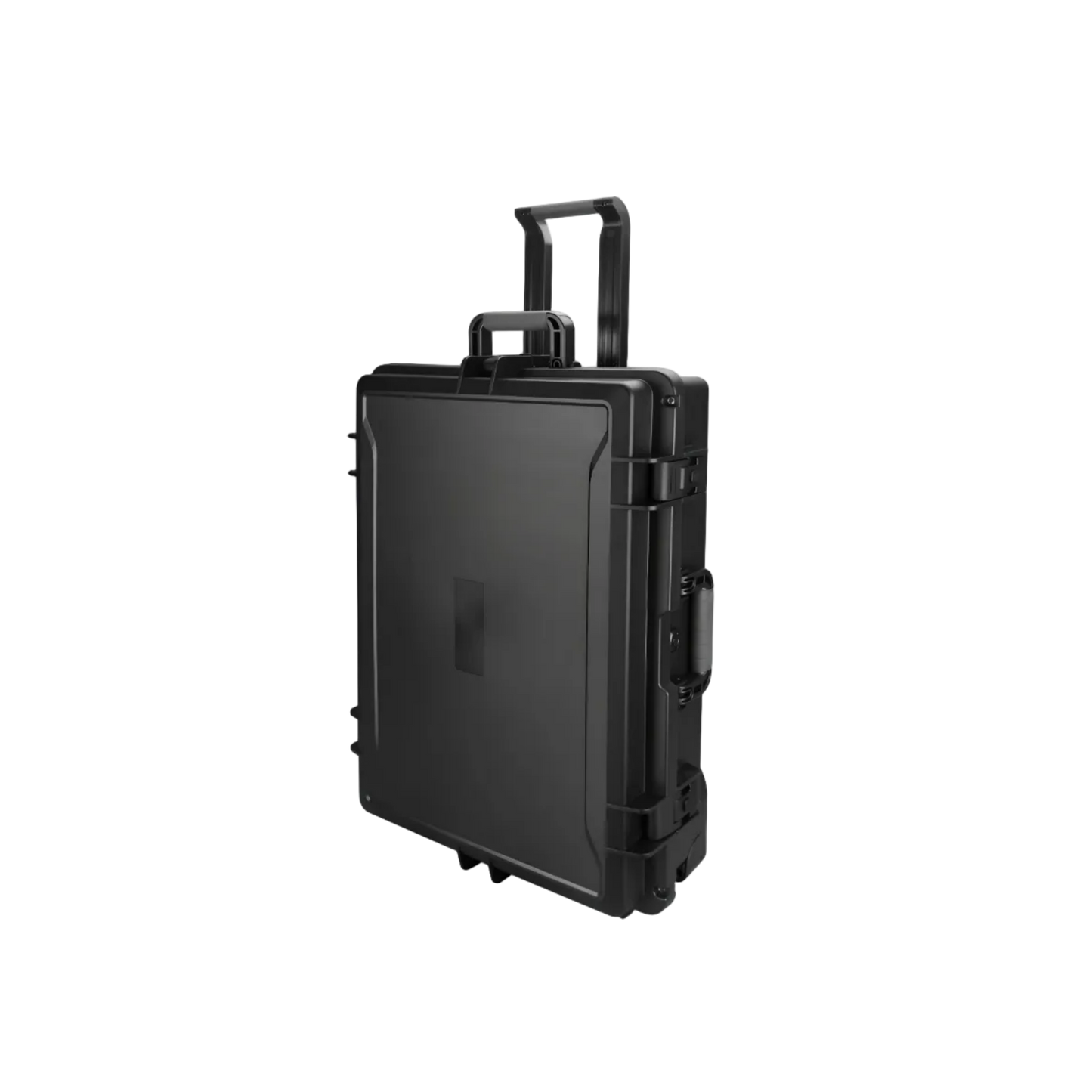 Black suitcase with wheels on a white background