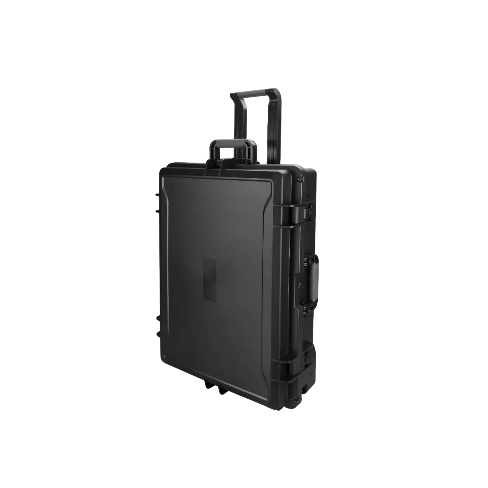 Black suitcase with wheels on a white background