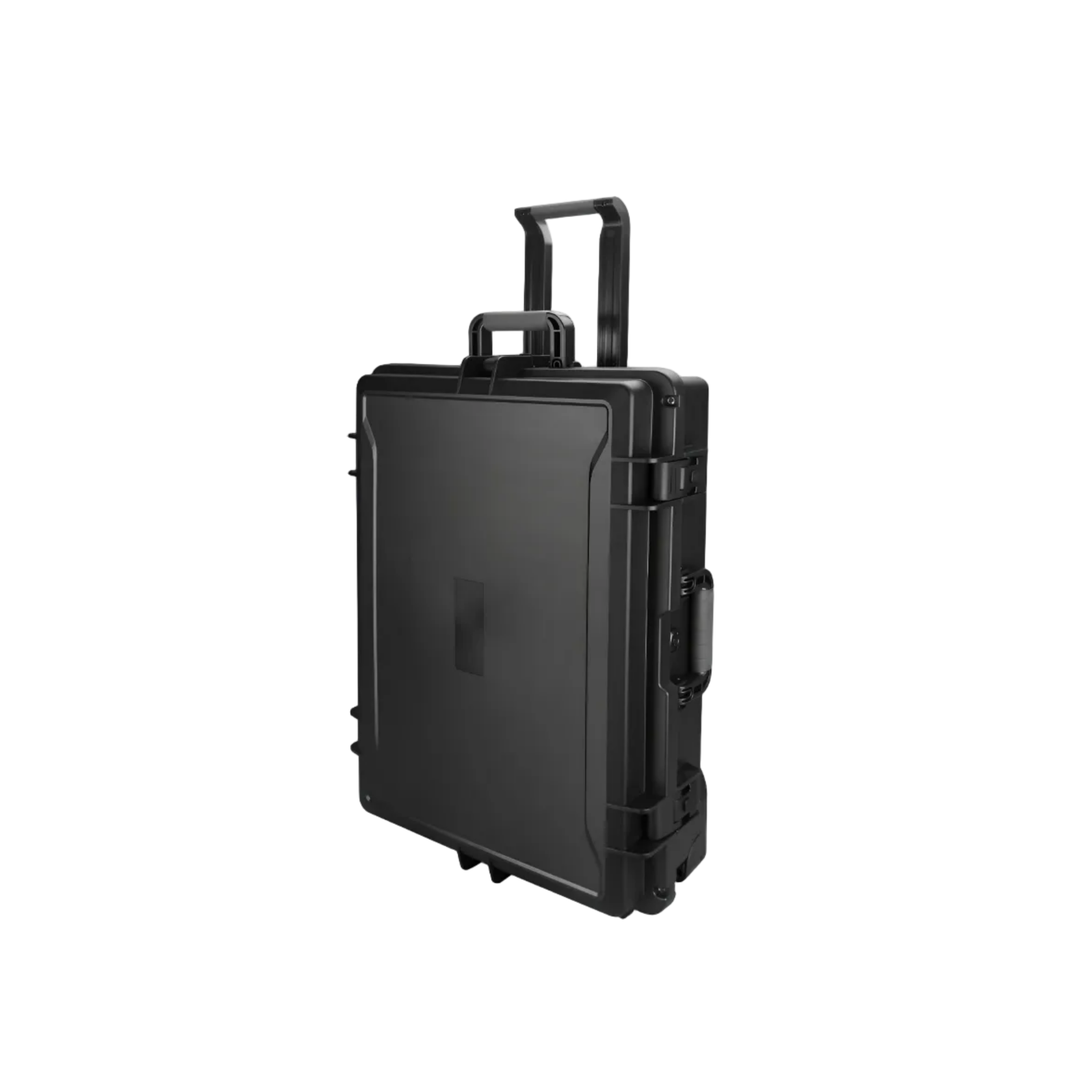Black suitcase with wheels on a white background