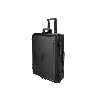Black suitcase with wheels on a white background