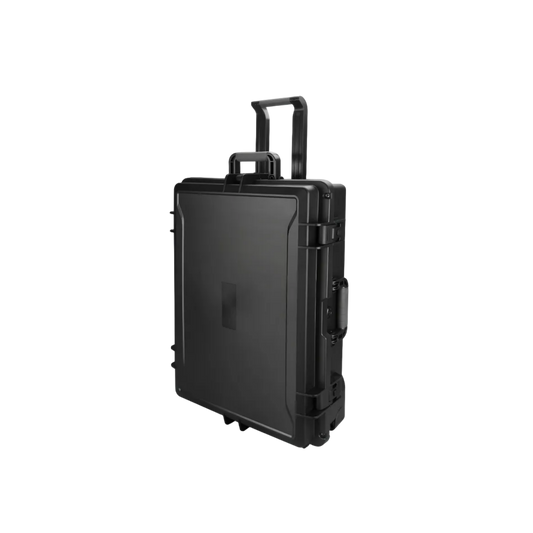 Black suitcase with wheels on a white background