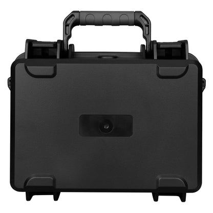 Black hard-shell travel case with handle on a white background
